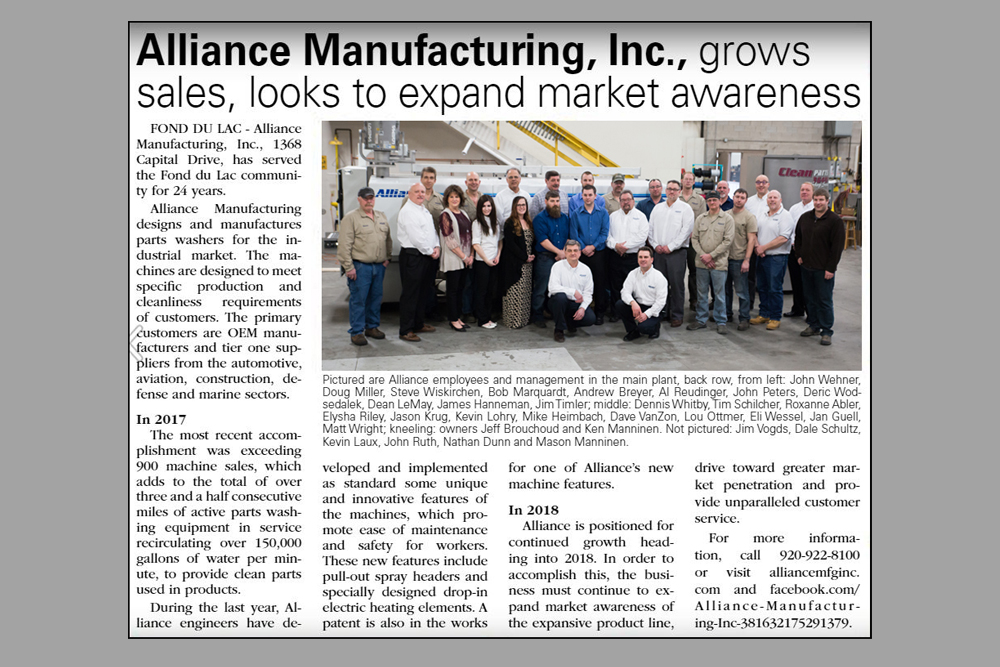 Alliance Manufacturing Featured in 2018 Progress Edition