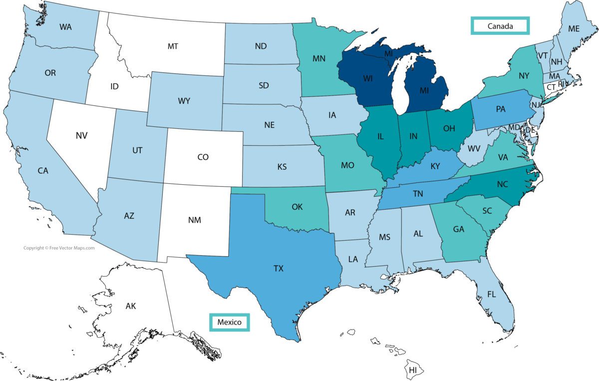 Customer Map – USA map only Color-coded USA map showing machines sold by state